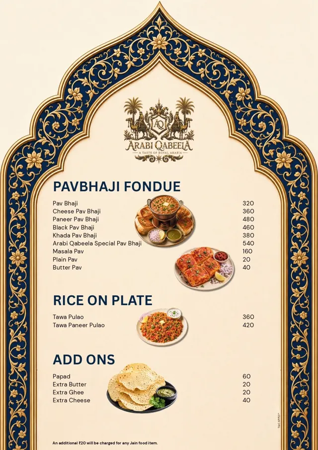 Food menu — Pavbhaji Fondue, Rice & Add Ons