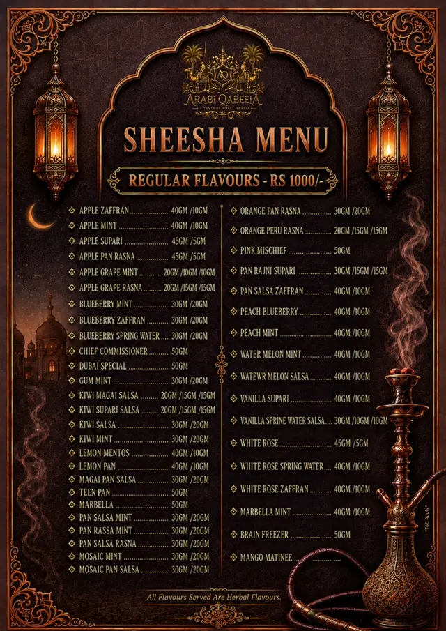 Sheesha menu — Regular Flavours