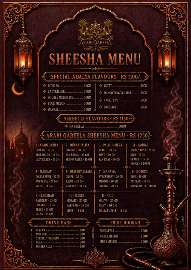 Sheesha menu — Special Flavours, Signature Mixes & Drink Base